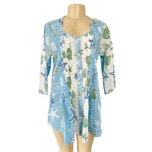 Marilu Beach Resortwear 100% Cotton Shirt Set Scarf Blue Nautical Sea-life Large